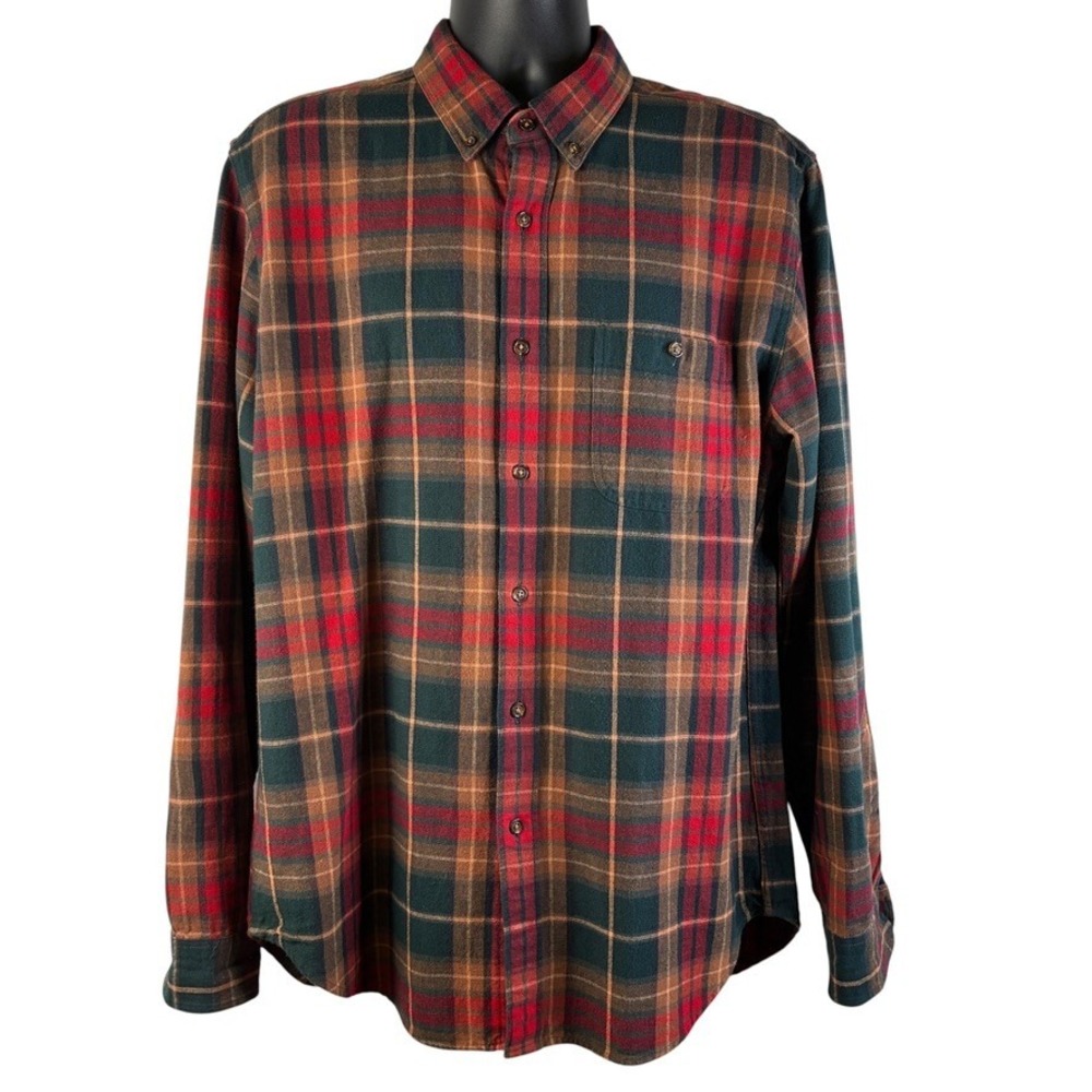 J.Crew Mens Large Plaid Flannel Shirt Elbow Patches Green Red Brown Button Down